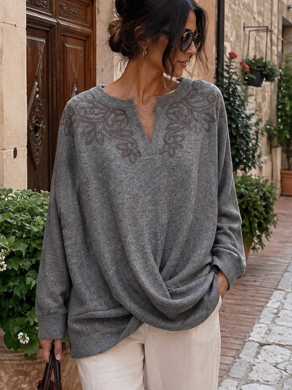 Democracy Gray Embroidered Twist Front Sweater Top Size L NWT